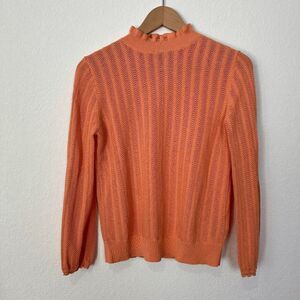 J. Crew Salmon Orange Pointelle Ruffle Mock Neck Knit Sweater Women's Size Small